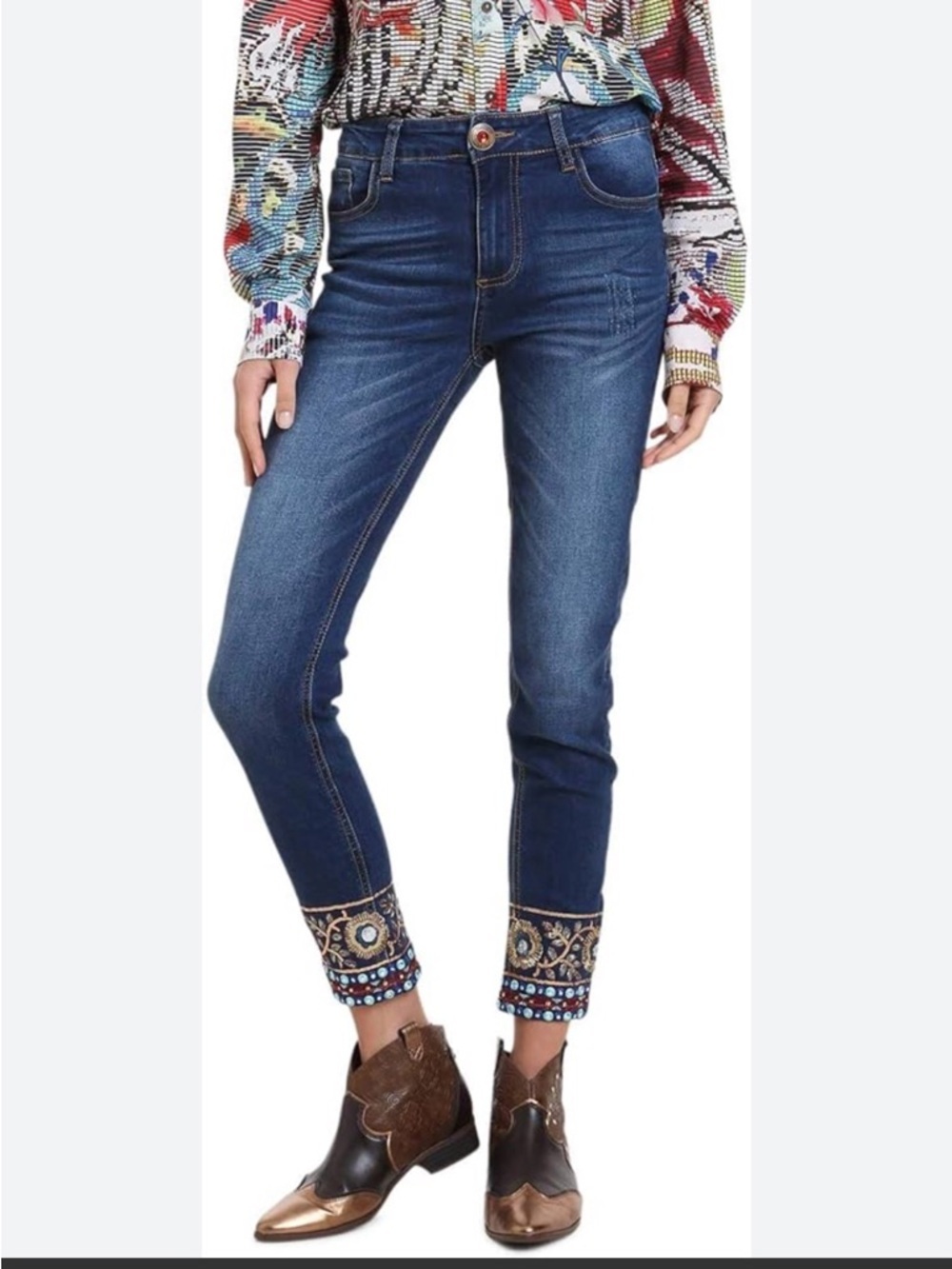 Desigual Embellished Cuff Skinny Ankle Medium Blue Women’s Jeans Sz 34